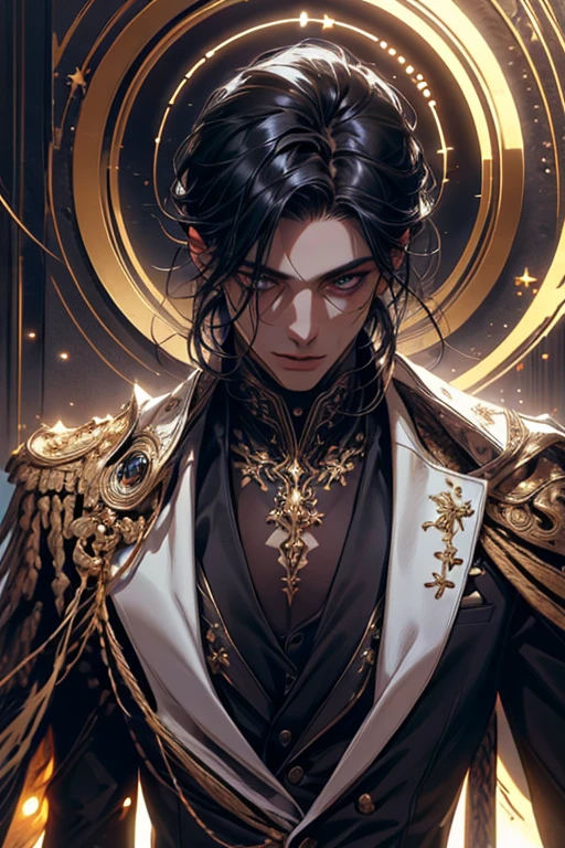 lamplight, Close-up cleavage, Handsome men, gold eyes, (Detailed eyes, The eyes are bright:1.2), Medium long black hair, pale-skinned, ear piercings, medium skin, dark blue coat, Meticulous suit, golden accessories on clothes, dark blue ties (perfect anatomia:1.2), Highqualityshadow, natural lightting, (White highlights:1.2),overcast day, (starrysky:1.2), (shining)