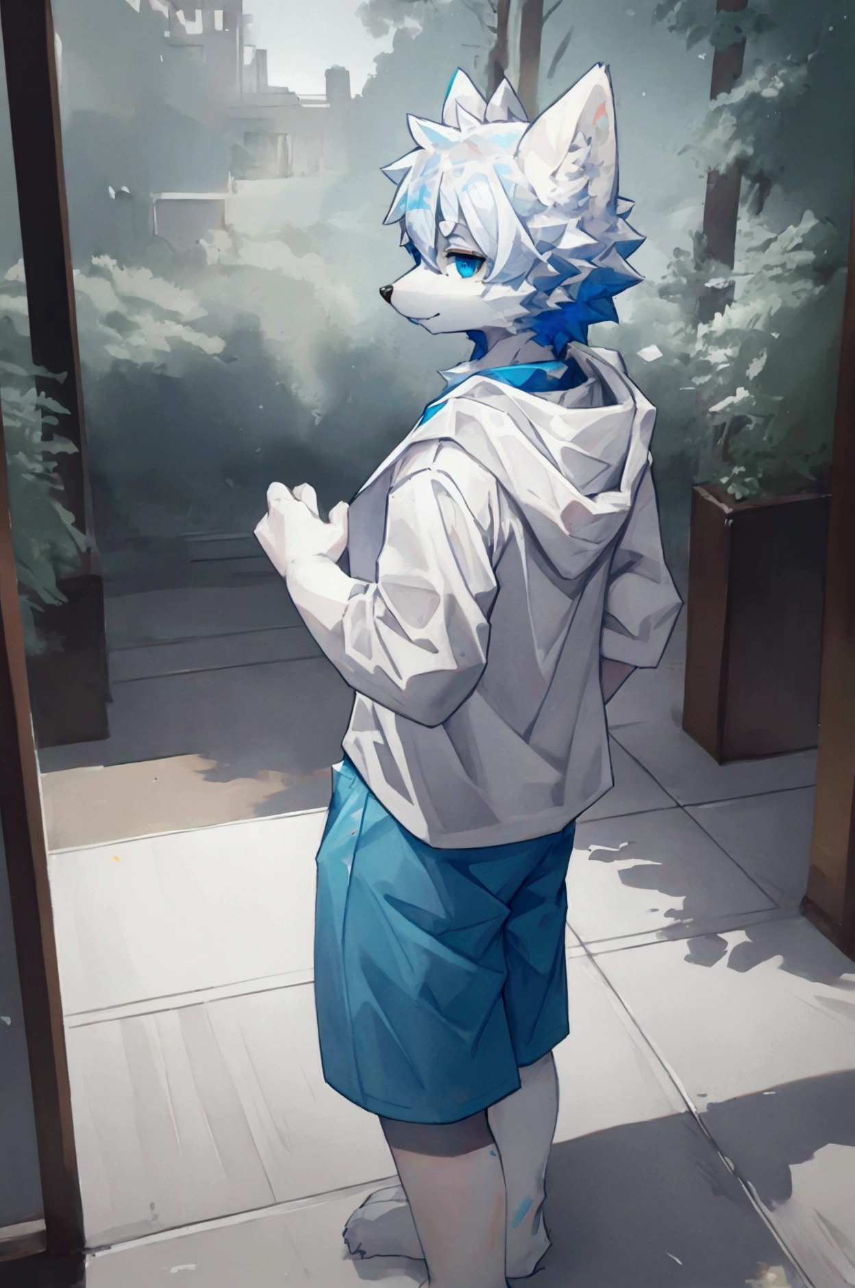 Furry white wolf,Beast field,anthropology, male,Solitary,blue eyes,Wearing blue shorts and shorts, Casual Clothing, Height 1.6 meters,Turn your back to the screen