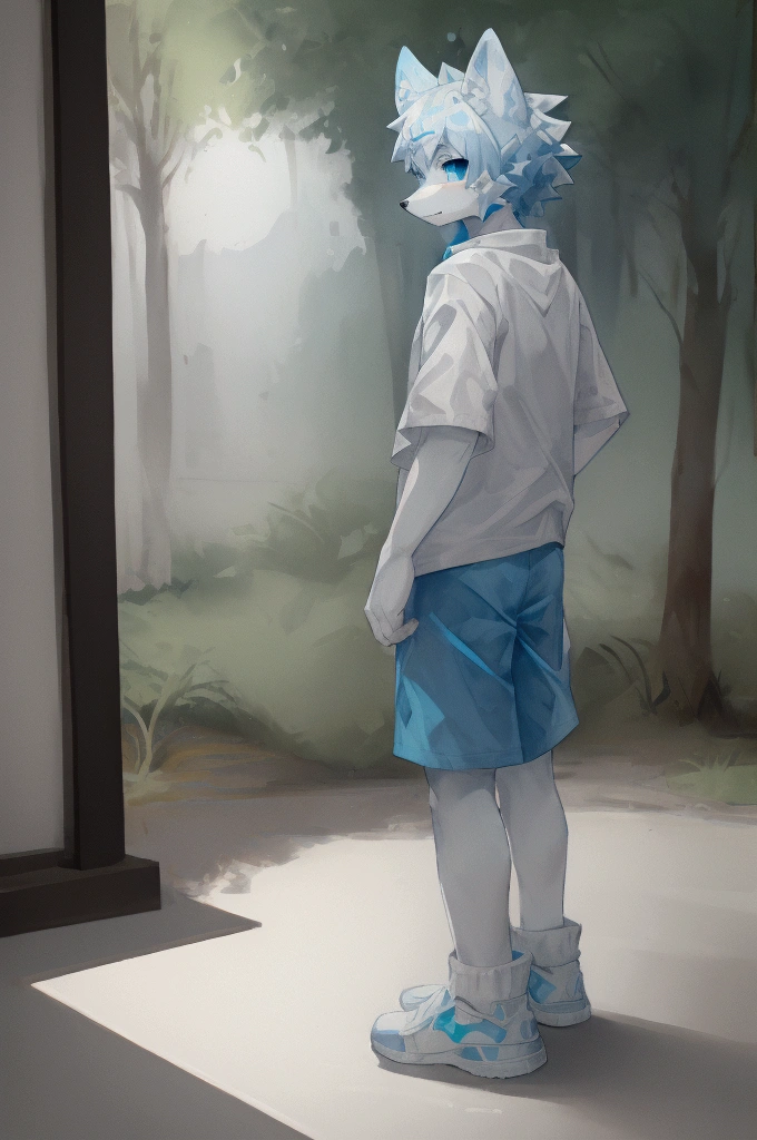 Furry white wolf,Beast field,anthropology, male,Solitary,blue eyes,Wearing blue shorts and shorts, Casual Clothing, Height 1.6 meters,Turn your back to the screen