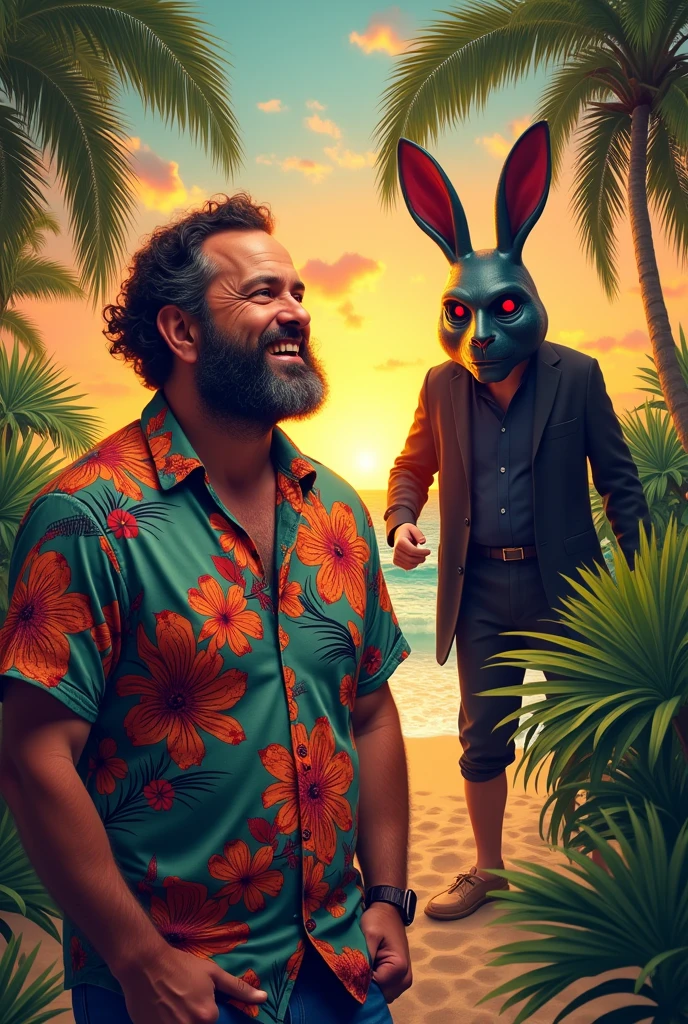 Man in Hawaiian shirt and beard attacked by killer in rabbit mask