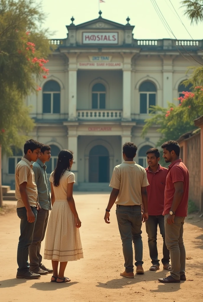 Some 7 male are standing on a road, it is a road and a female is going from there, there is a hospital behind and the girl is wearing short clothes and the boys are looking at her and whispering something in They are talking in each other's ears and this atmosphere is of Hindustan India
