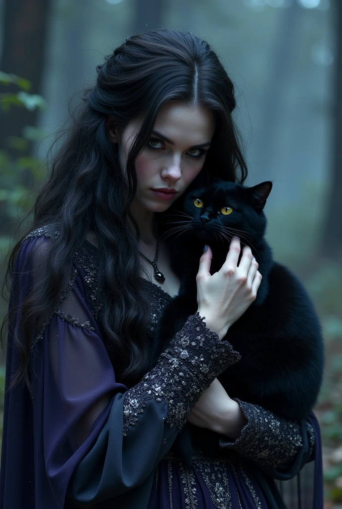 a mysterious witch hugging a black cat,black cat, witch with long dark hair,detailed face,piercing eyes,pale skin,beautiful detailed dress