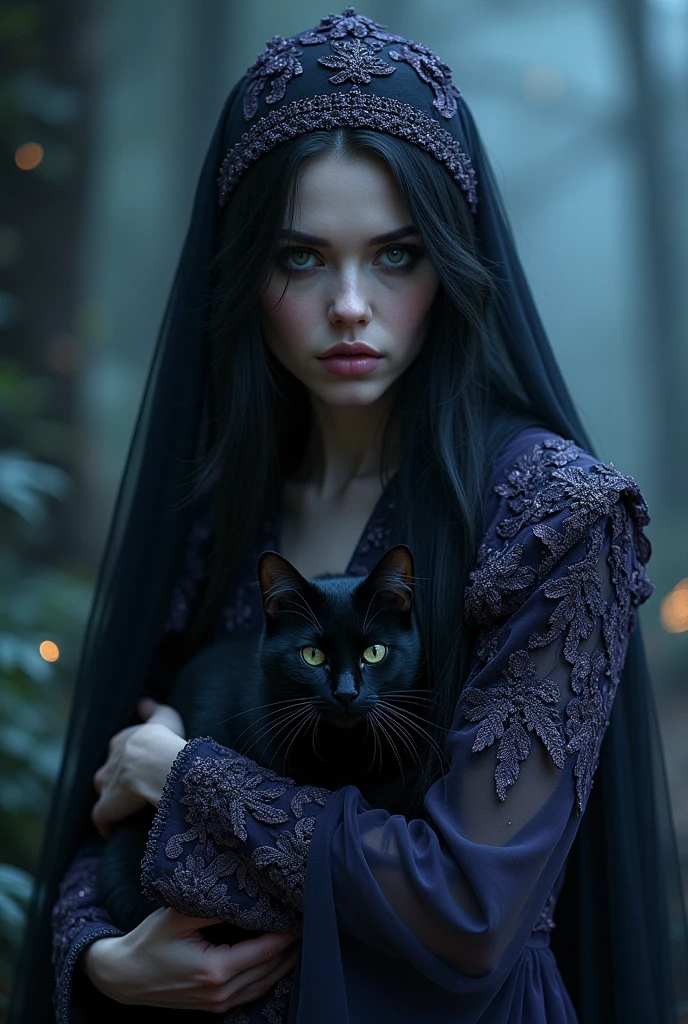 a mysterious witch hugging a black cat,black cat, witch with long dark hair,detailed face,piercing eyes,pale skin,beautiful detailed dress