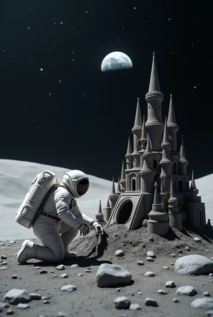 A crouching astronaut, molding moon dust to create an intricate sand castle, with meticulous details and towers that defy low gravity.