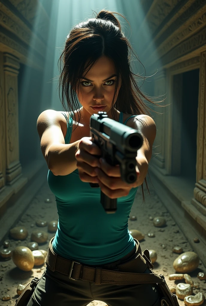 Woman lara croft aim gun at you angry