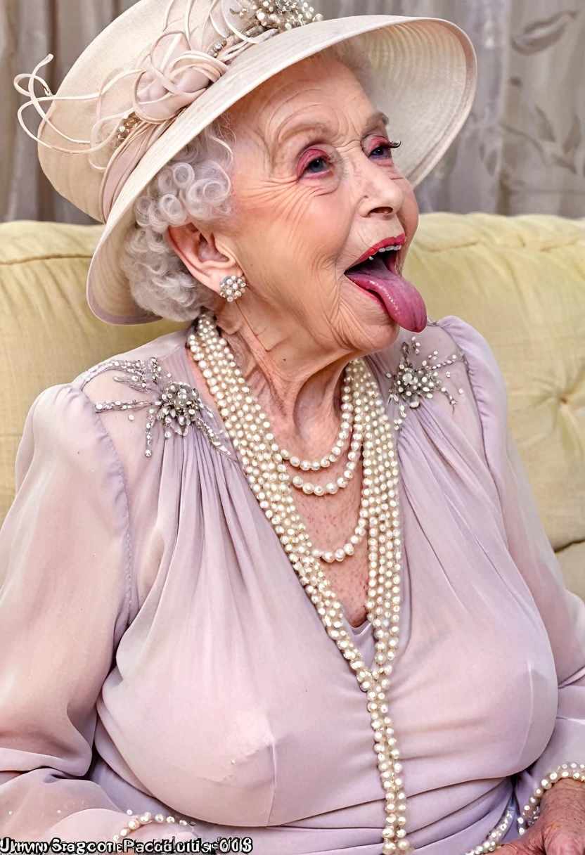 Penis, (((profile side))), facial cum, (deepthroat:1.6), Queen Elizabeth 90yo is covered in cum, kissing a penis, (in elegant color-coordinated sheer chiffon summer outfits:1.3), (gigantic saggy breast:1.3), (hat and pearls), full body