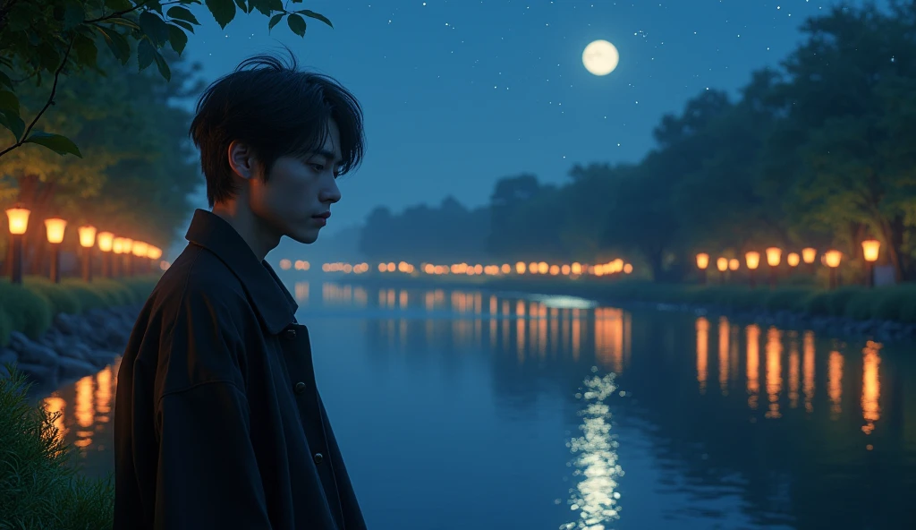 (best quality, masterpiece, ultra detailed, ultra high res, photorealistic, raw photo, absurdres, absolutely resolution), A Japanese teenage male idol is standing alone by the river at night. The camera shows his profile with the river flowing in the background.