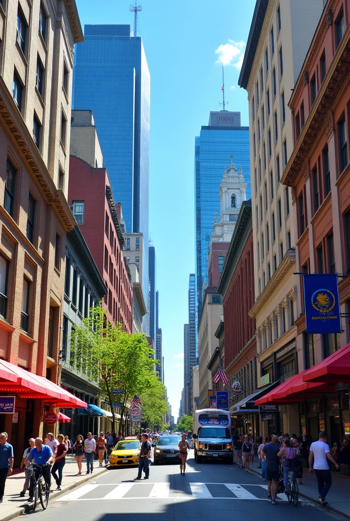 A bustling city street, cityscape, skyscrapers, shops, pedestrians, traffic, detailed architecture, vibrant colors, urban lifestyle