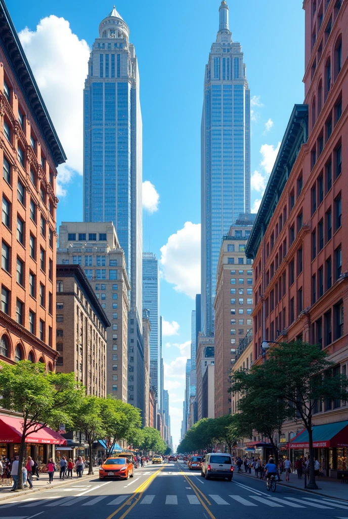A bustling city street, cityscape, skyscrapers, shops, pedestrians, traffic, detailed architecture,  vibrant colors, urban lifestyle