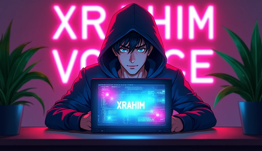 The image you provided shows a man sitting in front of a laptop with a screen visible to the viewer. The person is wearing a hoodie and is situated against a background featuring neon lights that form the word “RS XRAHIM VOICE”. There are also plant decorations on either side of the person. This image has a vibrant, tech-savvy aesthetic, possibly related to technology or gaming culture, And Make sure the anime face will be very clear for detect.