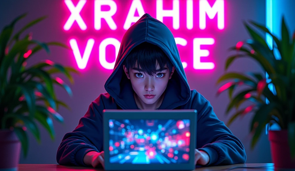 The image you provided shows a man sitting in front of a laptop with a screen visible to the viewer. The person is wearing a hoodie and is situated against a background featuring neon lights that form the word “RS XRAHIM VOICE”. There are also plant decorations on either side of the person. This image has a vibrant, tech-savvy aesthetic, possibly related to technology or gaming culture, And Make sure the anime face will be very clear for detect.