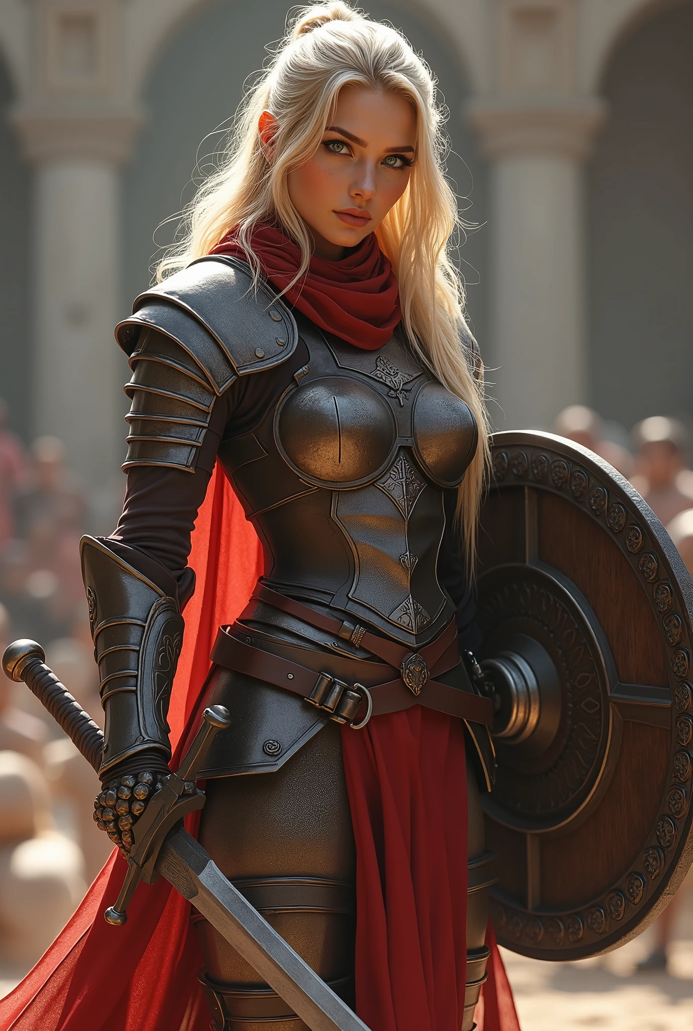 ((masterpiece, highest quality, Highest image quality, High resolution, photorealistic, Raw photo, 8K)), ((Extremely detailed CG unified 8k wallpaper)), (huge stunning goddess shot, very hot and sexy, jaw-dropping beauty, perfect proportions, beautiful body, slim body beauty:1.4), arafed woman in armor holding a sword and shield, portrait of a barbarian female, north female warrior, a very beautiful berserker woman, north adult female warrior, female barbarian, female warrior, portrait of a barbarian woman, barbarian warrior woman, very beautiful female barbarian, barbarian class, portrait of a woman warrior, rpg portrait concept art, (beautiful warrior, holding short sword and small shield, Wearing a red scarf, leather armor), (blonde hair, blue eyes, dark skin), (amphitheatre, Fighting while being watched by the crowd, motion blur), movie poster, large "INFINITY" written at bottom of screen,