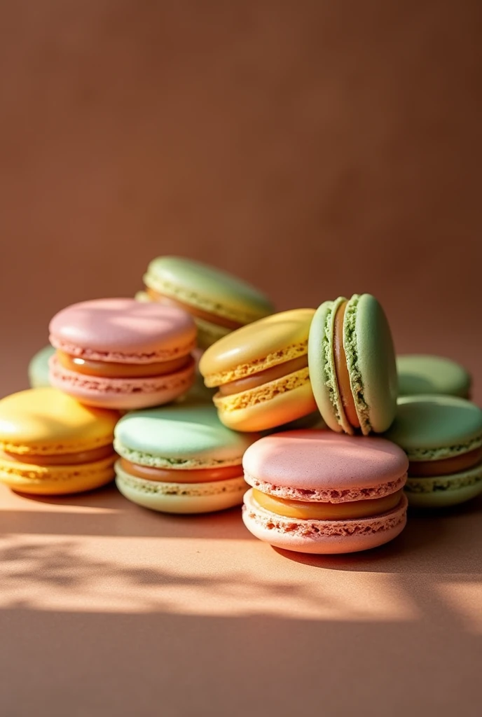 Colorful macarons on a brown background with some space