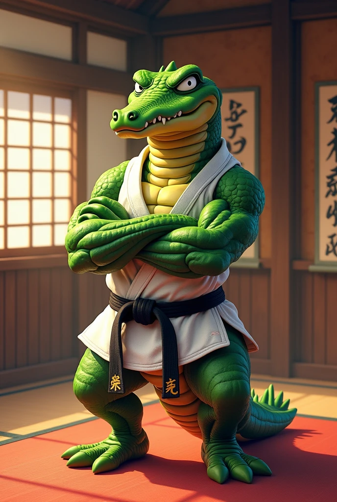Green crocodile, wearing a judo outfit, with muscles and arms crossed