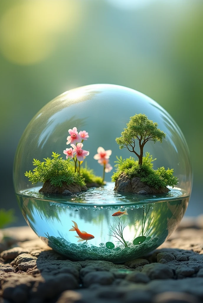 a glass sphere, micro world inside, beautiful miniature landscape, detailed intricate details, tiny floating islands, crystal clear water