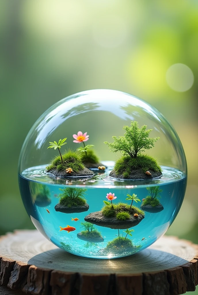 a glass sphere, micro world inside, beautiful miniature landscape, detailed intricate details, tiny floating islands, crystal clear water