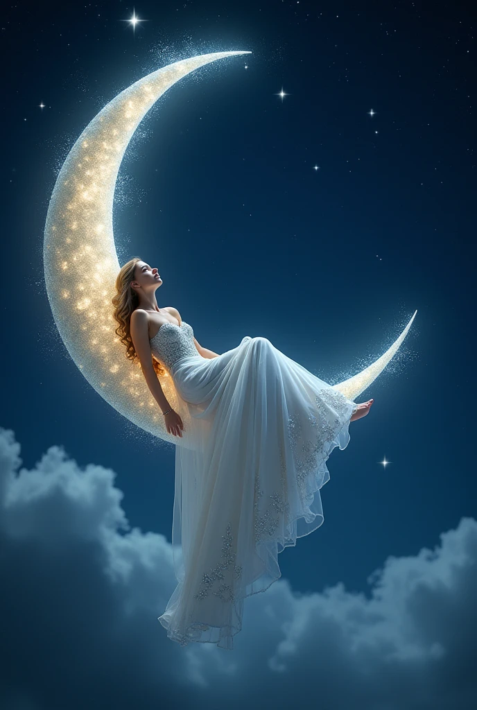 a beautiful woman, princess dress, lying on a crescent moon hanging in the night sky, The sky is deep, filled with a multitude of bright, twinkling stars that add to the magical atmosphere