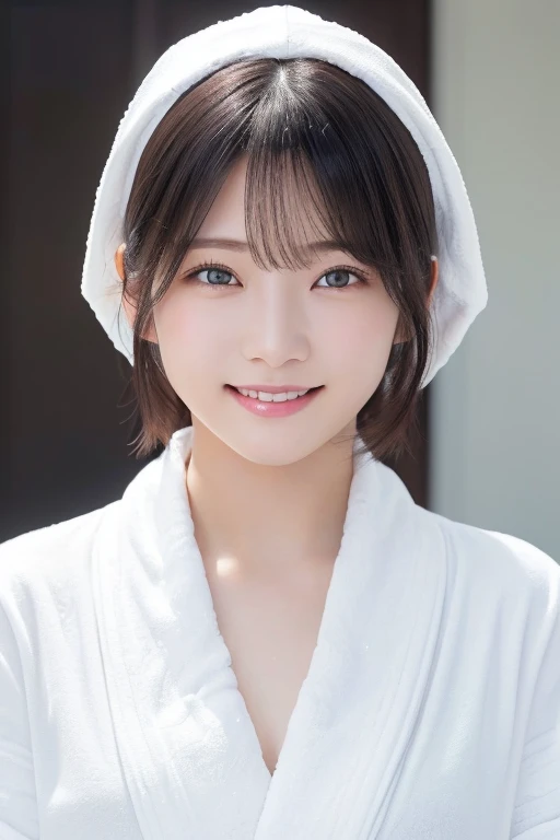 masterpiece, Highest quality, One Woman, (White bathrobe:1.2), Age 25、(RAW Photos, Highest quality), (reality, Realistic:1.4), Clean look、Iris、very detailed eyes and face, Beautiful and detailed nose, beautiful eyes, Perfect Anatomy, Black short hair、Wet Hair、bangs、Crystal skin, A happy smile、Face Focus、indoor、