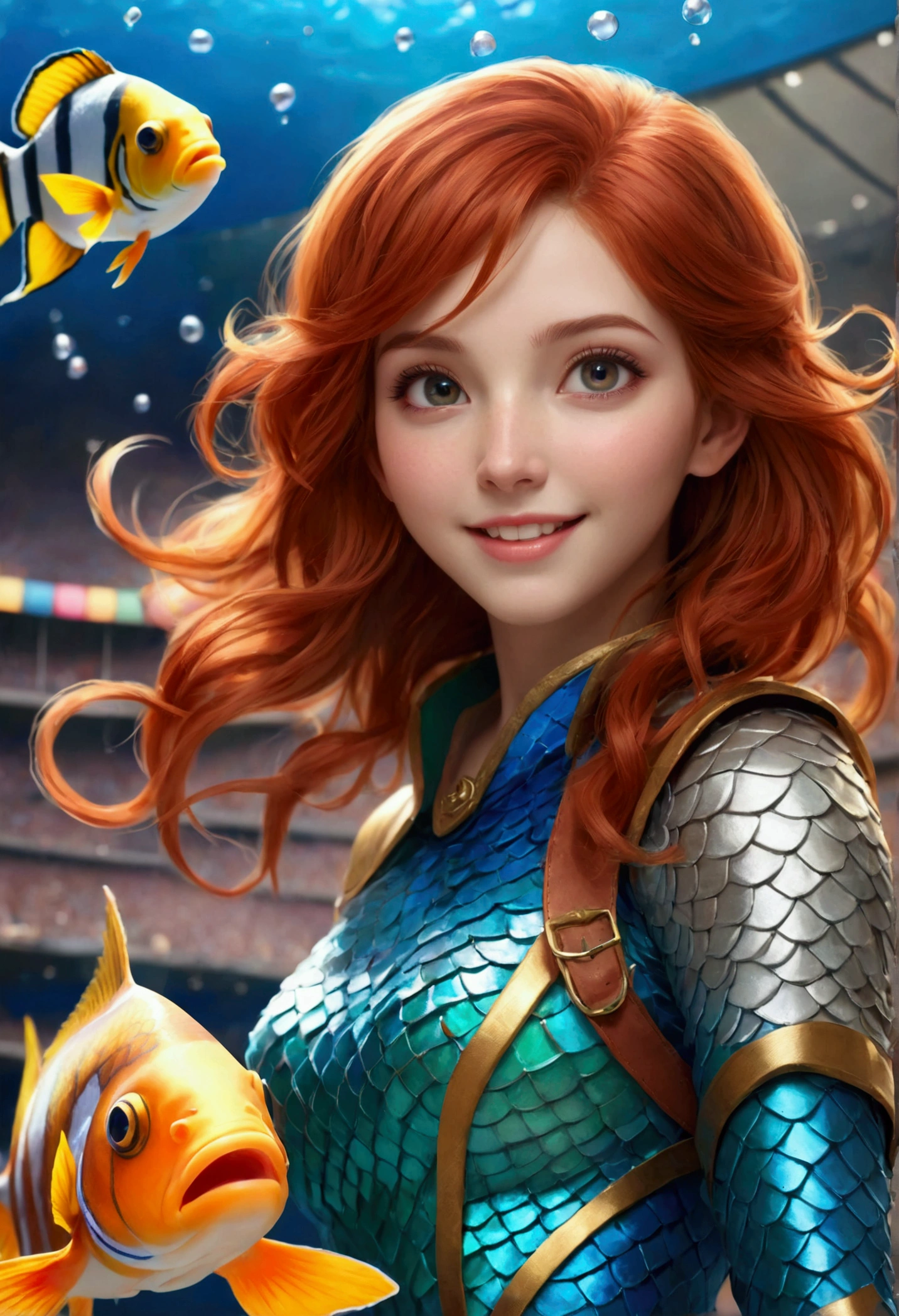 (masterpiece:1.4), (best quality:1.4), extremely detailed, intricate, hyper detailed, (PERFECT FACE), illustration,soft lighting, scenic, 1girl, happy,  Vivid auburn hair, colorful, colorized, from_below ,fish_costume , stadium 