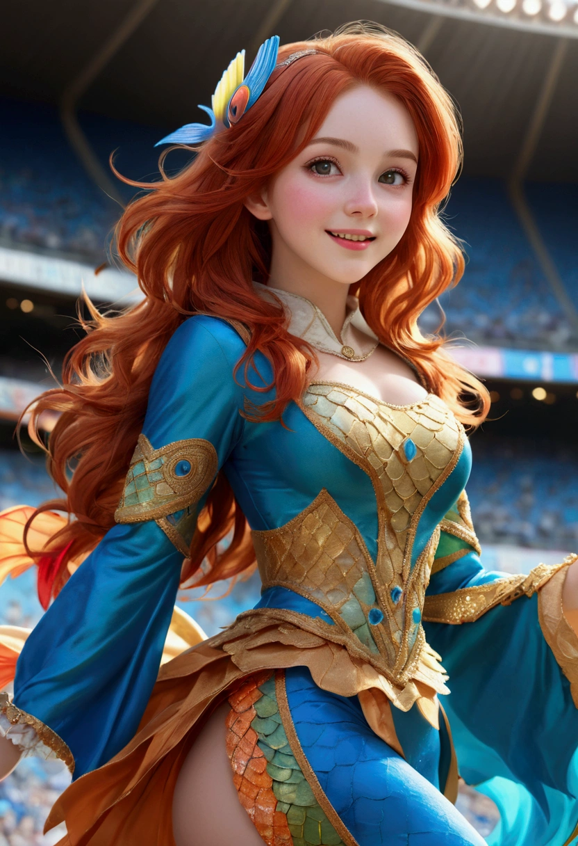 (masterpiece:1.4), (best quality:1.4), extremely detailed, intricate, hyper detailed, (PERFECT FACE), illustration,soft lighting, scenic, 1girl, happy,  Vivid auburn hair, colorful, colorized, from_below ,fish_costume , stadium 