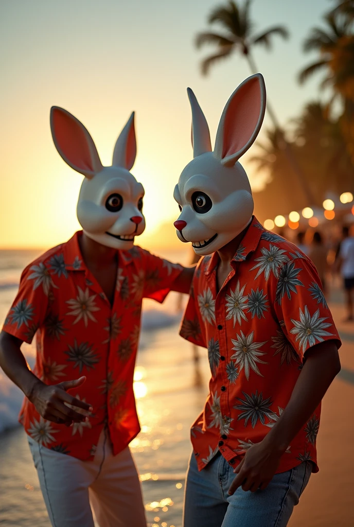 Man in red Hawaiian shirt being attacked by a killer in a rabbit mask