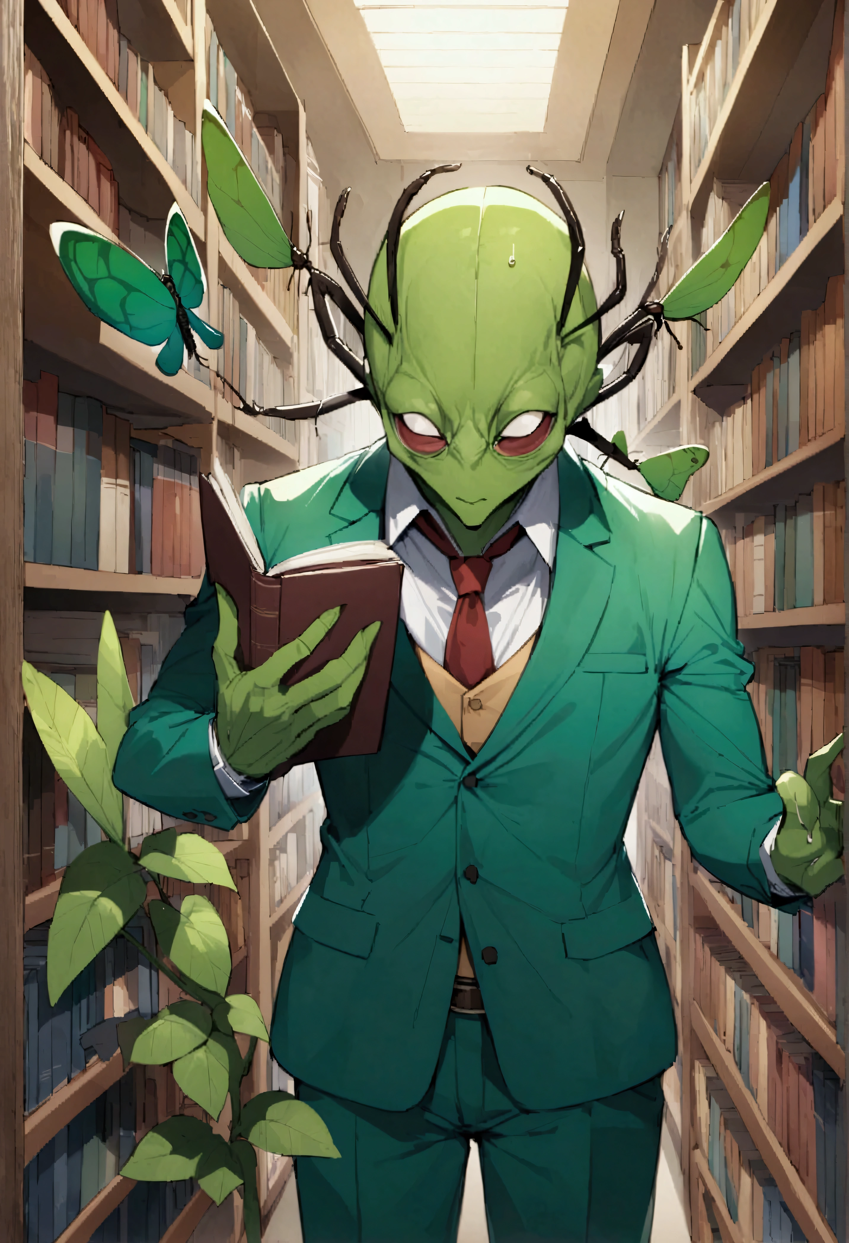 Masterpiece、Highest quality、Super detailed、library、No humans、Bookworm、Bug face、Bugs、Insect body、Reading lover、Insect Man、librarian、suit、Expressionless、Insects bite、stomach flu、Insect&#39;s Breath、It&#39;s like I&#39;ve had a bitter experience.、It makes me sick、Butterflies and flowers