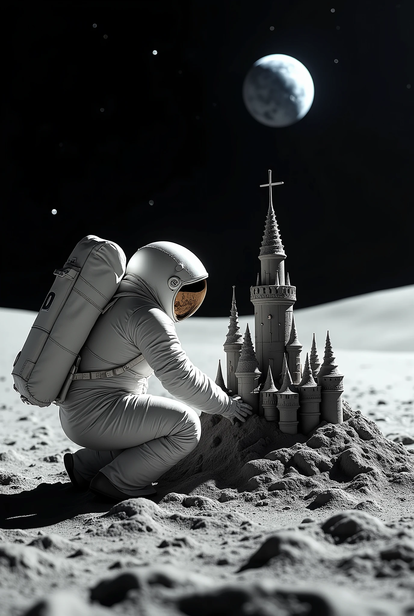 A crouching astronaut, molding moon dust to create an intricate sand castle, with meticulous details and towers that defy low gravity.