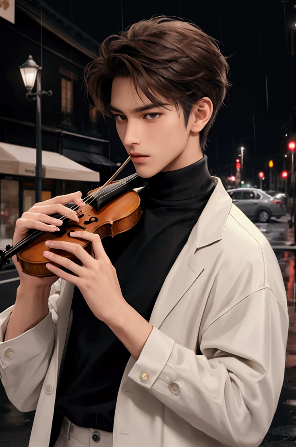 Top Quality, Masterpiece, Ultra High Resolution, close-up photo of a handsome man on the street, holding violin, on the night with pour rain, intricate detailes, has short, messy dark brown hair, amber-colored eyes, typical clothing like a street busker in Paris, France; wear black turtleneck shirt, NO mustache or beard, white skin color slightly tanned.