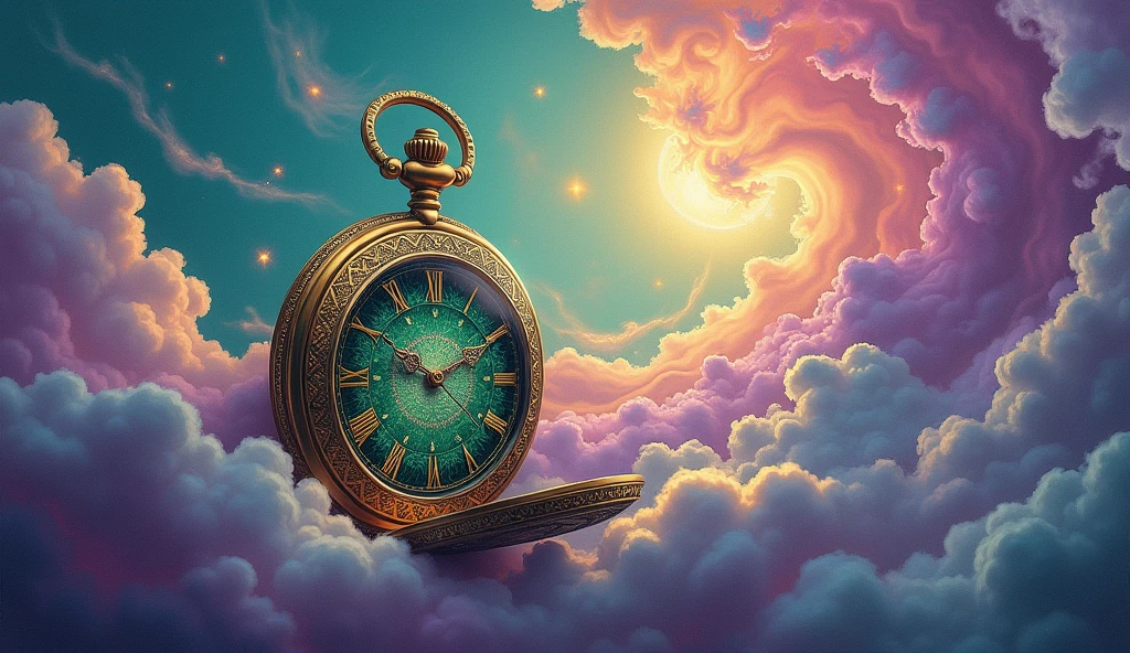 Roger Dean style painting of an antique pocket watch with rapidly spinning hands