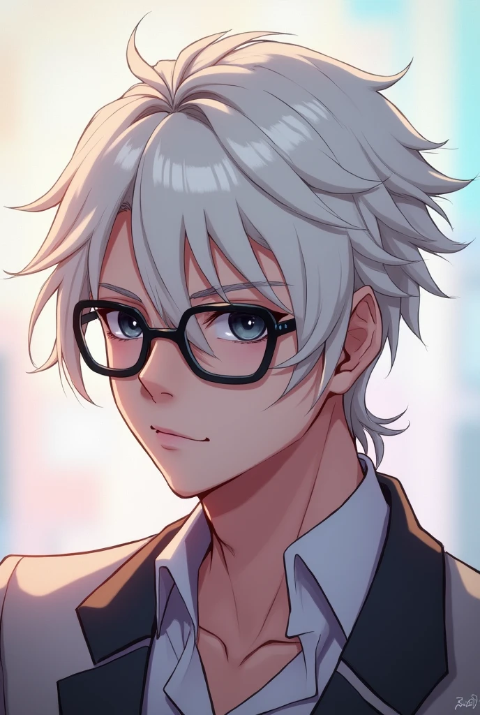 2d photo, white hair, two block mullet hairstyle, masculine, glasses, quiet, anime, black eyes, portrait