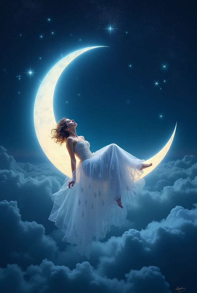 a beautiful woman, princess dress, lying on a crescent moon hanging in the night sky, The sky is deep, filled with a multitude of bright, twinkling stars that add to the magical atmosphere
