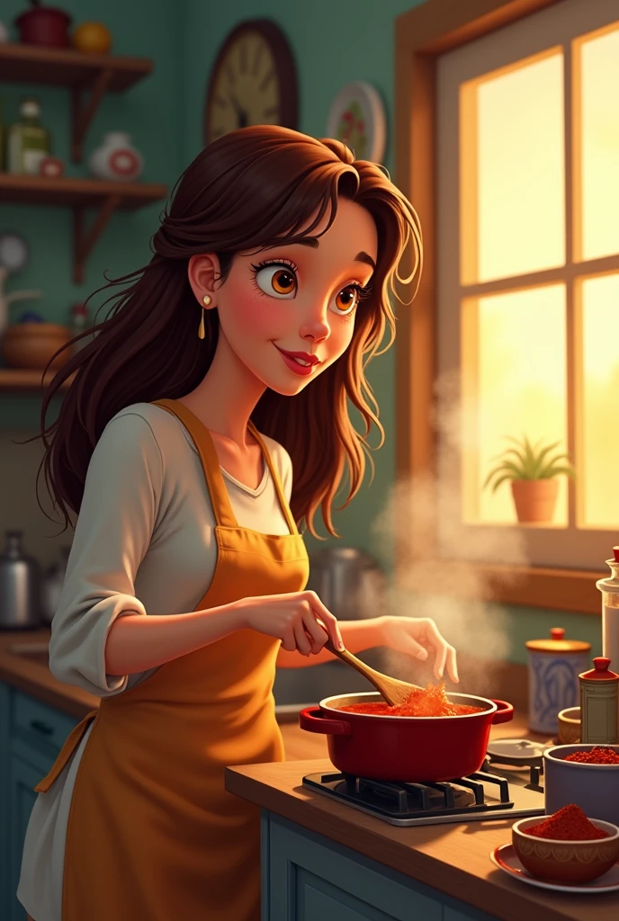 A woman is stirring a pot on the stove, tasting the sauce with a spoon, and adding spices. Looking in the mirror ,With long, messy brown hair  make a 25-year-old woman, with white skin, brown hair, yellow eyes and expressive, Pixar Disney style, no formato 9:16