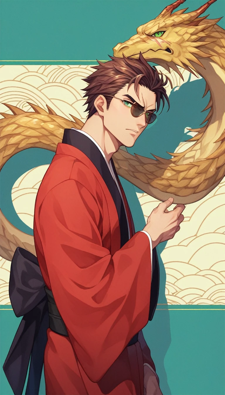 Anime Style, Yakuza, Japan Mafia, Scars on the face, Quietly angry, wild, Middle-aged man, Reddish brown hair, Green Eyes, Sharp Eyes, Frowning, Medium Long Hair, Calm. wise, Staggered sunglasses, Kimono with gold dragon embroidery on black fabric, Japanese pattern background, Worldview of the Underworld, Surrealism, Expressionism, Anime Style, Cast a Shadow, Up to the waist, Film Grain, Vignetting, silhouette, 1080P, Anatomically correct