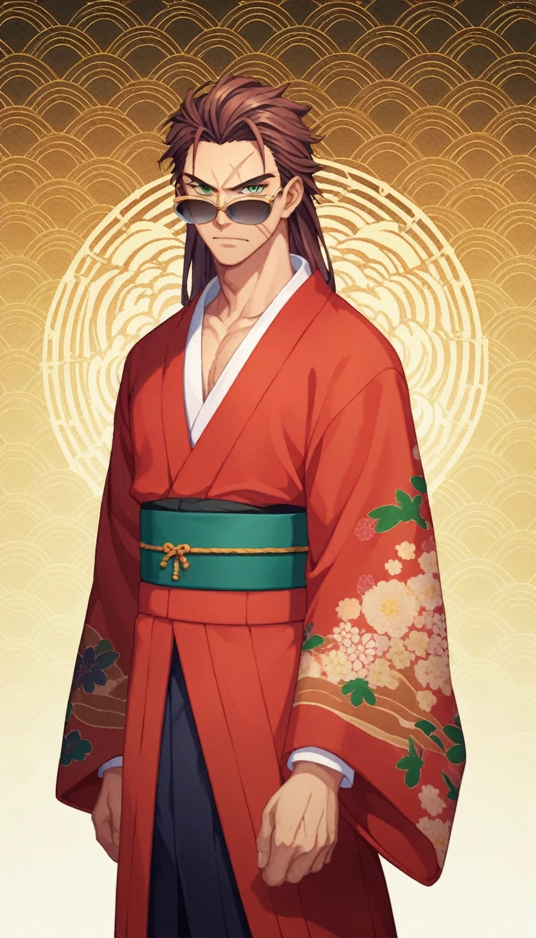 Anime Style, Yakuza, Japan Mafia, Scars on the face, Quietly angry, wild, Middle-aged man, Reddish brown hair, Green Eyes, Sharp Eyes, Frowning, Medium Long Hair, Calm. wise, Staggered sunglasses, Kimono with gold dragon embroidery on black fabric, Japanese pattern background, Worldview of the Underworld, Surrealism, Expressionism, Anime Style, Cast a Shadow, Up to the waist, Film Grain, Vignetting, silhouette, 1080P, Anatomically correct