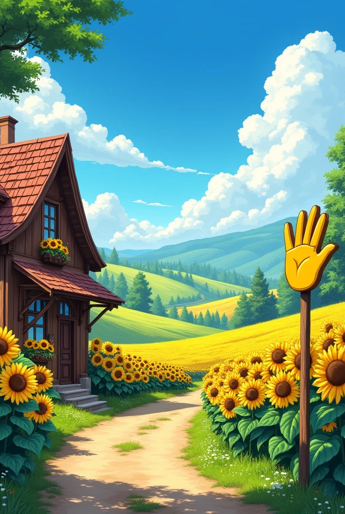 A beautiful detailed anime-style Ukrainian village, rolling fields of sunflowers, a colorful hand-shaped sign, south of Ukraine