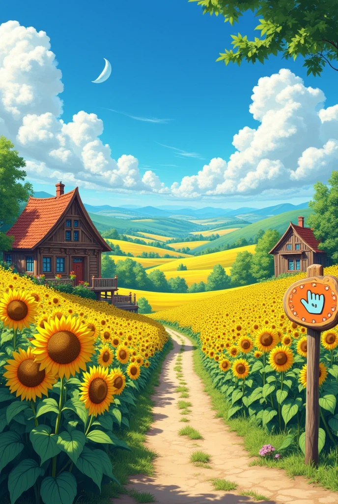 A beautiful detailed anime-style Ukrainian village, rolling fields of sunflowers, a colorful hand-shaped sign, south of Ukraine