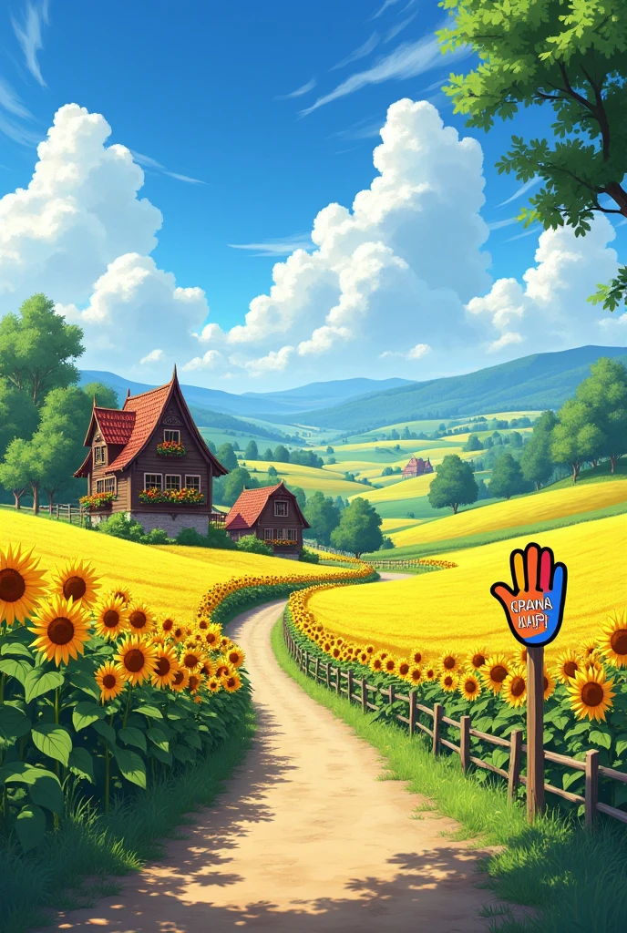 A beautiful detailed anime-style Ukrainian village, rolling fields of sunflowers, a colorful hand-shaped sign, south of Ukraine