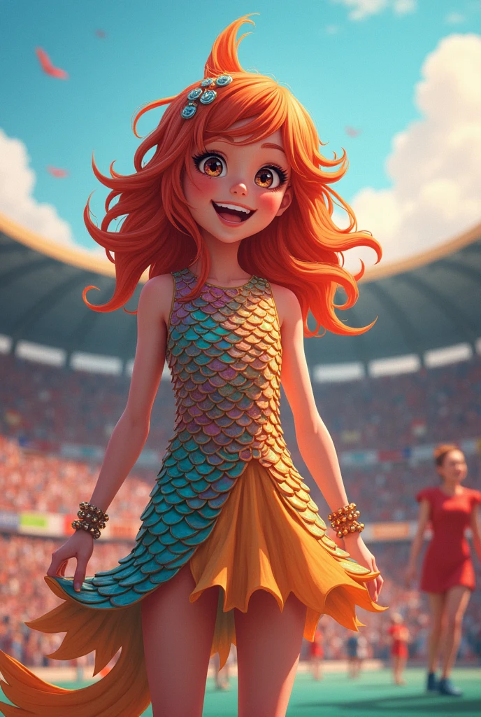 (masterpiece:1.4), (best quality:1.4), extremely detailed, intricate, hyper detailed, (PERFECT FACE), illustration,soft lighting, scenic, 1girl, happy, Vivid auburn hair, colorful, colorized, from_below ,fish_costume , stadium