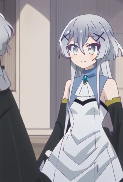 1girl, masterpiece, best quality, best quality, (Intricate detailed:1.2), light gray hair, light gray eyes, dual long ponytail, dress, bare shoulders