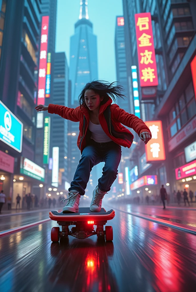 a cyberpunk cityscape, a futuristic city with towering skyscrapers, neon lights, and advanced technology, a person riding on a sleek, high-tech rocket powered skateboard, detailed face and expression, intricate mechanical details, dynamic motion blur, cinematic lighting, vibrant neon colors, (best quality,4k,8k,highres,masterpiece:1.2),ultra-detailed,(realistic,photorealistic,photo-realistic:1.37),cinematic composition,dramatic atmosphere,cyberpunk,sci-fi,concept art