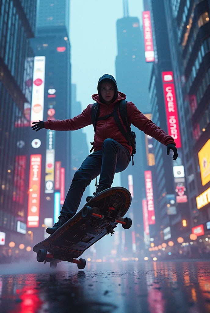 a cyberpunk cityscape, a futuristic city with towering skyscrapers, neon lights, and advanced technology, a person riding on a sleek, high-tech rocket powered skateboard, detailed face and expression, intricate mechanical details, dynamic motion blur, cinematic lighting, vibrant neon colors, (best quality,4k,8k,highres,masterpiece:1.2),ultra-detailed,(realistic,photorealistic,photo-realistic:1.37),cinematic composition,dramatic atmosphere,cyberpunk,sci-fi,concept art