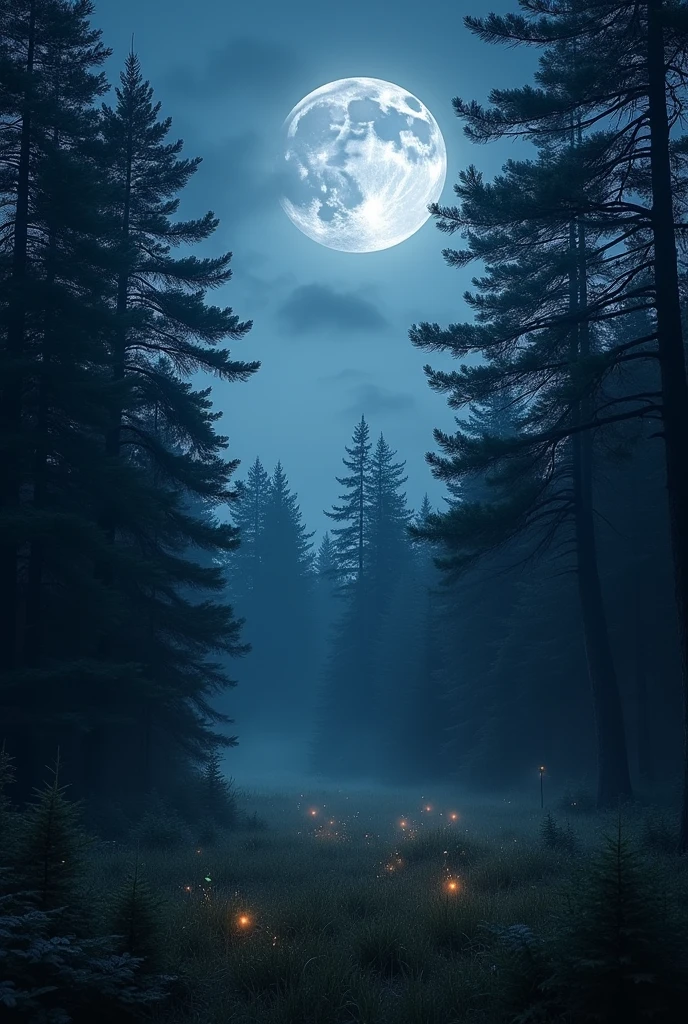 Pine forest with a very beautiful moon 
