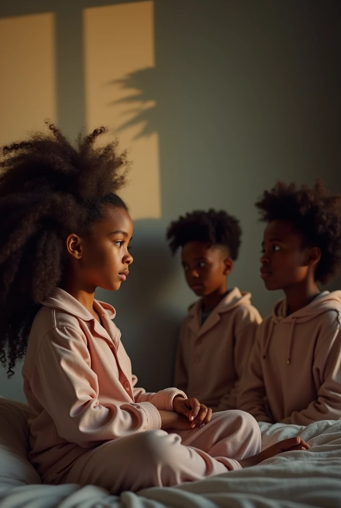An African teenage girl fair in complexion with a long curly full hair on a pyjamas sitting down on her bed, looking at her two older brothers who are standing far from her bed( youths. Male. Both on afro haircuts) talking to woman with long curly hair all looking sad😔