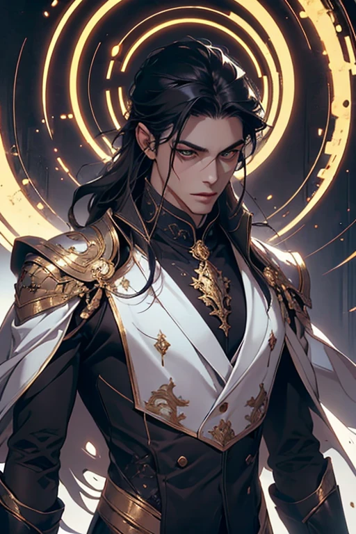 lamplight, Close-up cleavage, Handsome men, gold eyes, (Detailed eyes, The eyes are bright:1.2), Medium long black hair, pale-skinned, ear piercings, medium skin, dark blue coat, Meticulous suit, golden accessories on clothes, dark blue ties (perfect anatomia:1.2), Highqualityshadow, natural  lightting, (White highlights:1.2),overcast day, (starrysky:1.2), (shining)