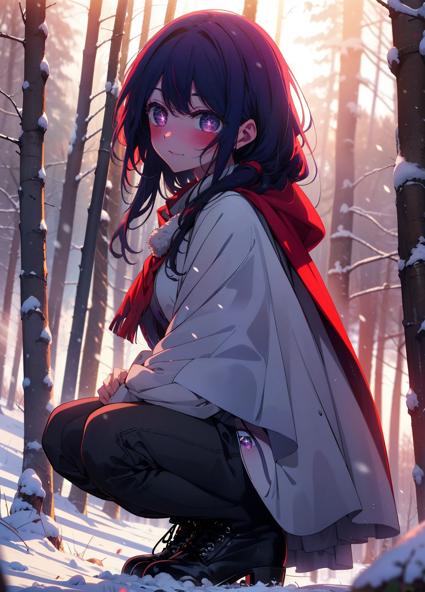 aihoshino, Ai Hoshino, Long Hair, bangs, (Purple eyes:1.1), Purple Hair, (Symbol-shaped pupil:1.5), smile,,smile,blush,white breath,
Open your mouth,snow,Ground bonfire, Outdoor, boots, snowing, From the side, wood, suitcase, Cape, Blurred, , forest, White handbag, nature, Squat, Mouth closed, Cape, winter, Written boundary depth, Black shoes, red Cape break looking at viewer, Upper Body, whole body, break Outdoor, forest, nature, break (masterpiece:1.2), Highest quality, High resolution, unity 8k wallpaper, (shape:0.8), (Beautiful and beautiful eyes:1.6), Highly detailed face, Perfect lighting, Highly detailed CG, (Perfect hands, Perfect Anatomy),