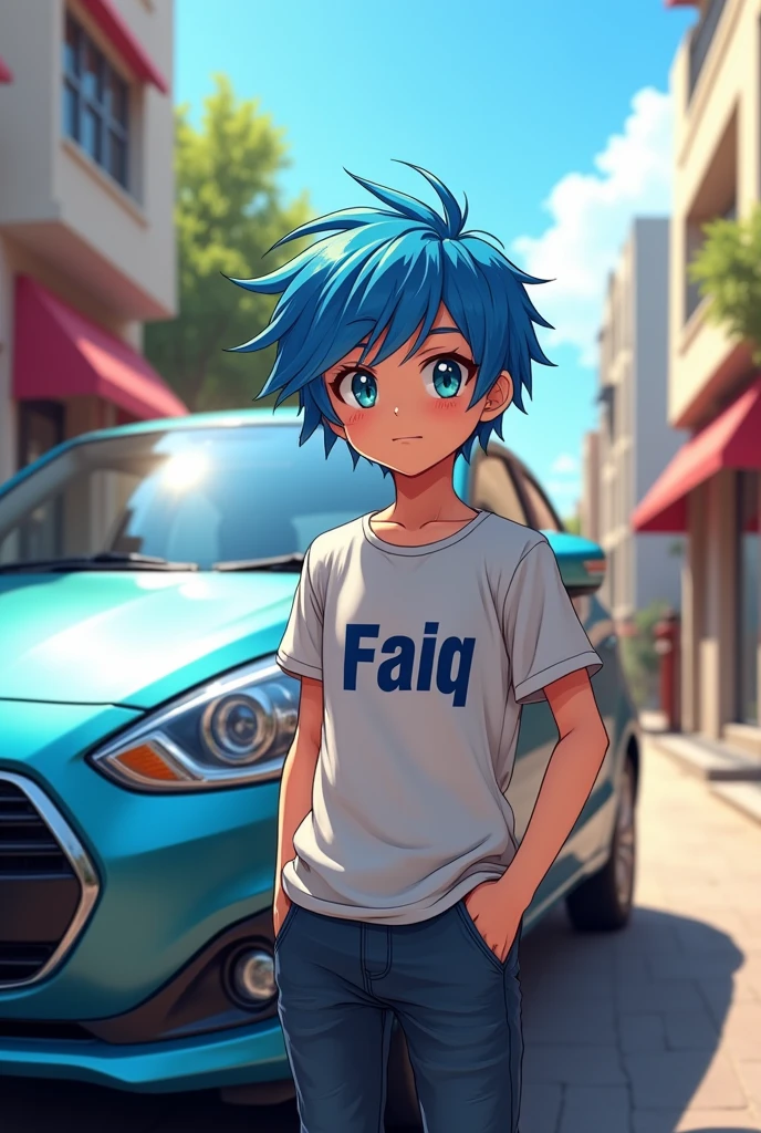 Anime boy wear shirt with name on faiq stand a side of mitsubishi mirage hatchback car in 3d