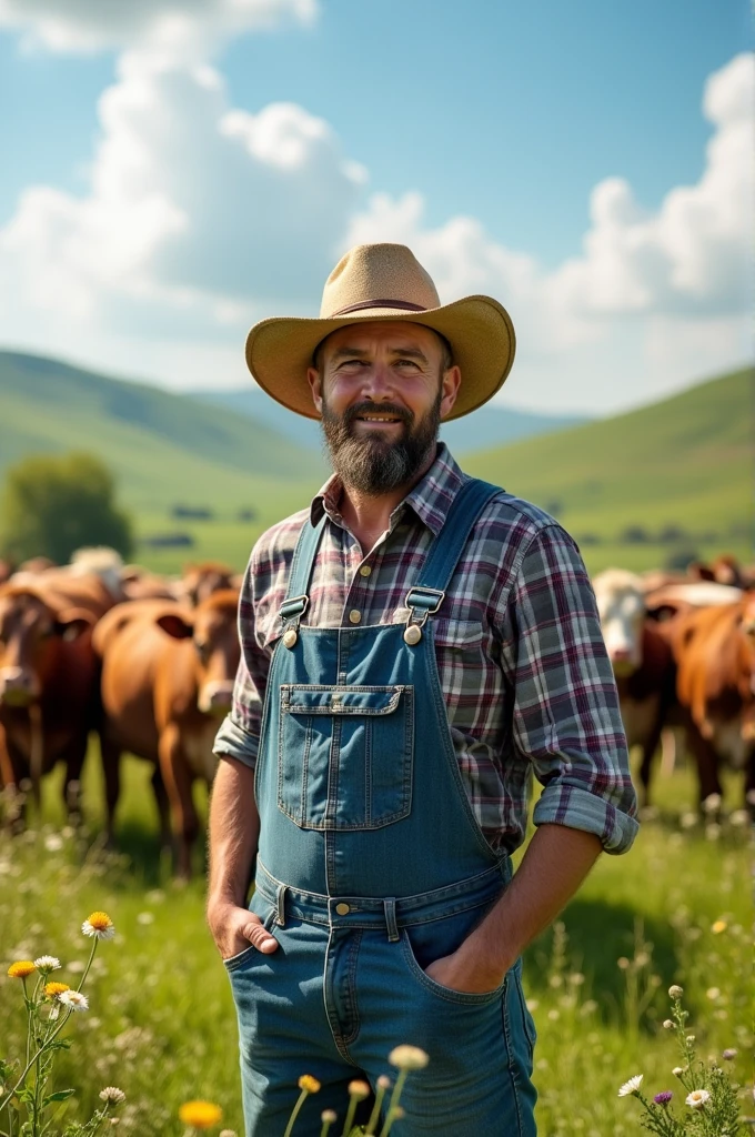 Livestock farmer posing in the field with cows in the background