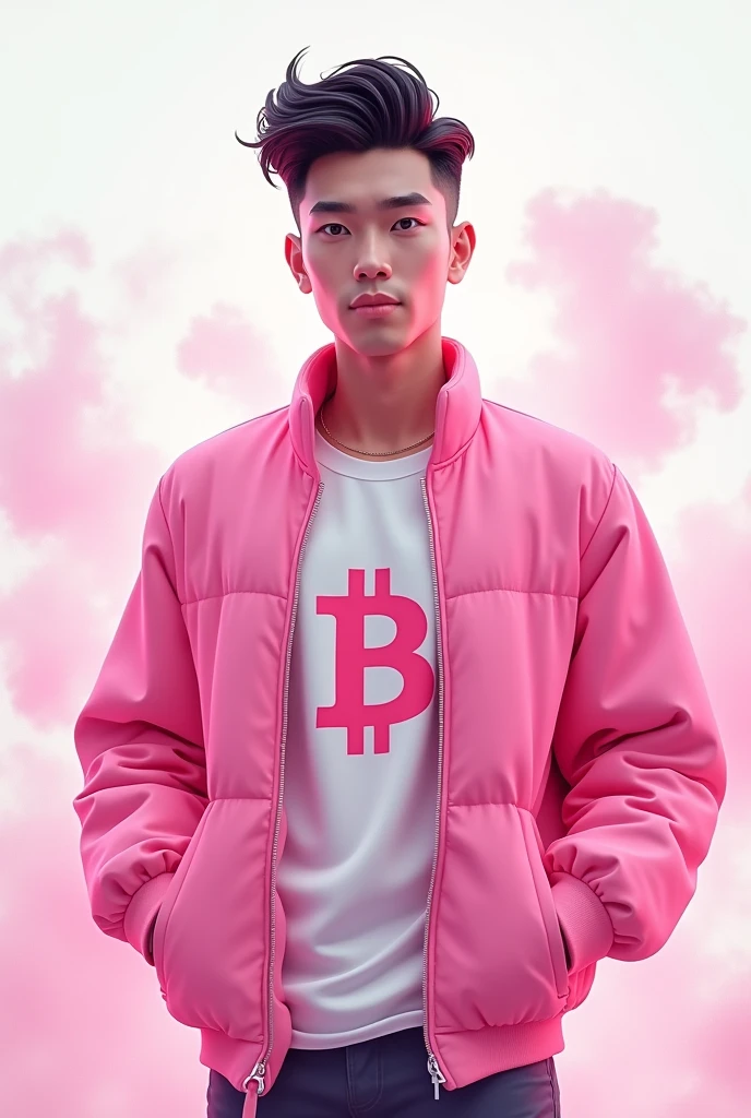 Create a 3D illustration of a 25 year old boy wearing a pink jacket with Bitcoin logo, smoke artistically forming a frame edit Photoshop Computer named. Sharpe skin turn, white background