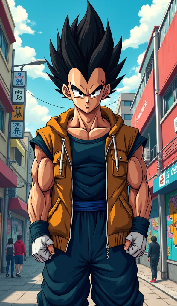 Vegeta, Dragon Ball Z, wearing a modern outfit, looking proud, 8k quality, very detailed, awesome pose, streets background, realistic, half body picture, portrait picture, black saiyan hair