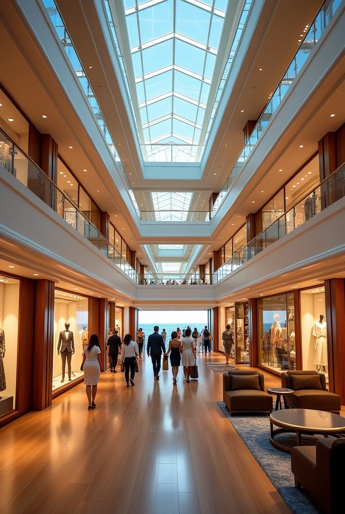 A realistic-style image of a luxurious shopping area on a cruise ship. The scene should feature a two-story shopping mall with modern and elegant boutiques on both levels. Mannequins dressed in high-end clothing are displayed in large, well-lit windows. The central area on the lower floor has a cozy seating arrangement with plush chairs and sofas, and coffee tables with elegant lamps. The floor is made of polished wood, and the entire space is brightly lit with clean lines and upscale decor. Several shoppers are seen walking through the space, carrying shopping bags and interacting with their surroundings. The ceiling has a skylight with a view of the cruise ship's deck and the ocean. The atmosphere is sophisticated and inviting, capturing the essence of an exclusive shopping experience on a luxury cruise ship.